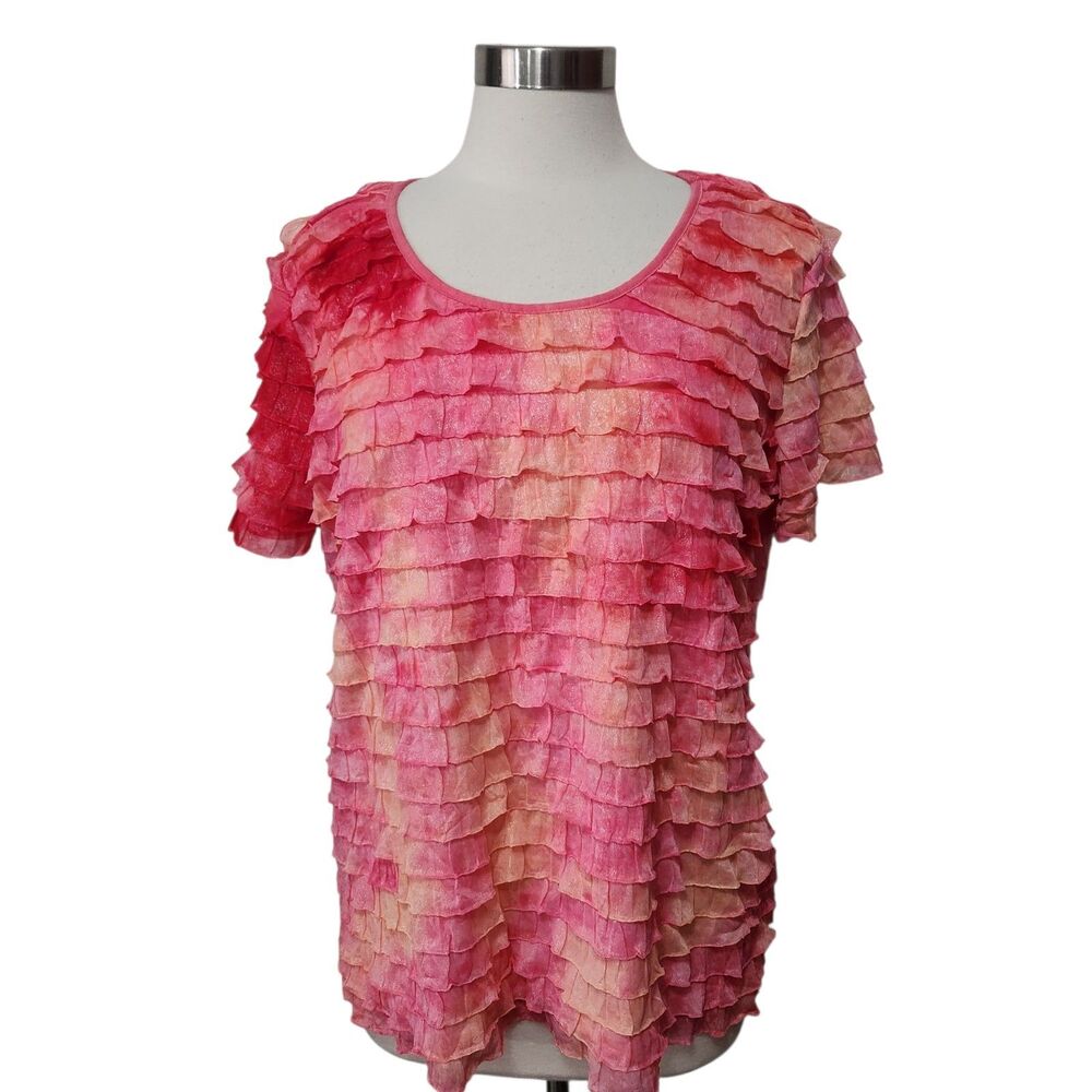 Notations Womens Top Sz Xl Pink Peach Tiered Ruffle Pullover Short Slv Sparkle